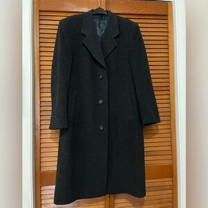 Black Wool Trench Coat with Notched Lapels, Size 38 S, 44” chest, 43” length.